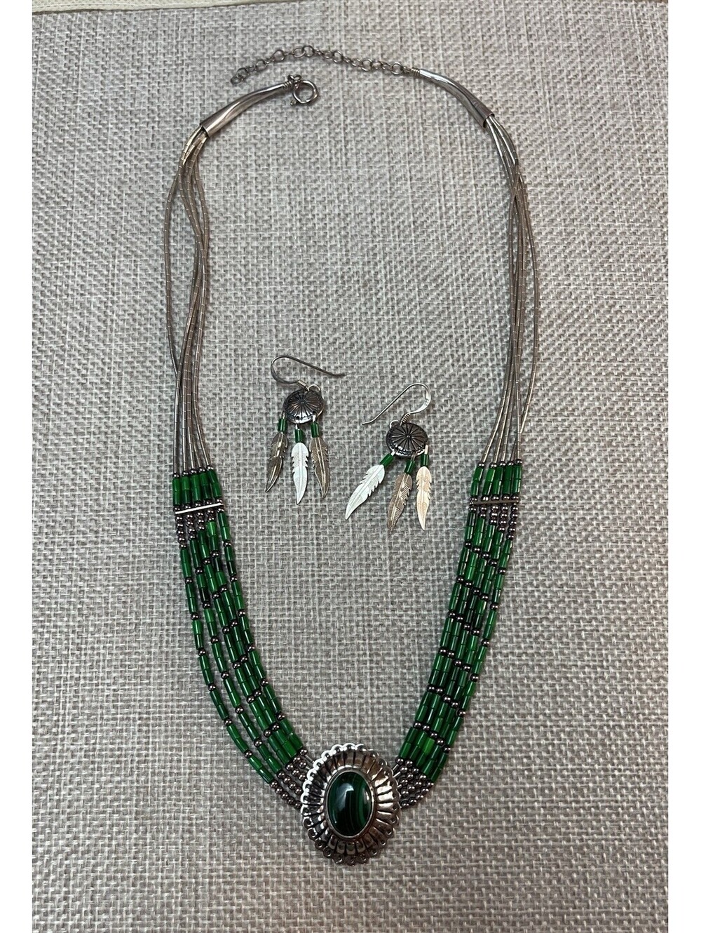 Native American Malachite Liquid Silver Bead Heishi 5 Strand Navaho Necklace Set